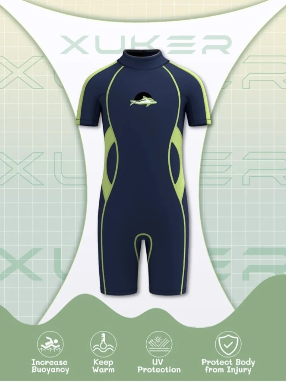 NWOT - XUKER 3mm Neoprene Thermal Wetsuit for Kids Size 10 Green/Blue